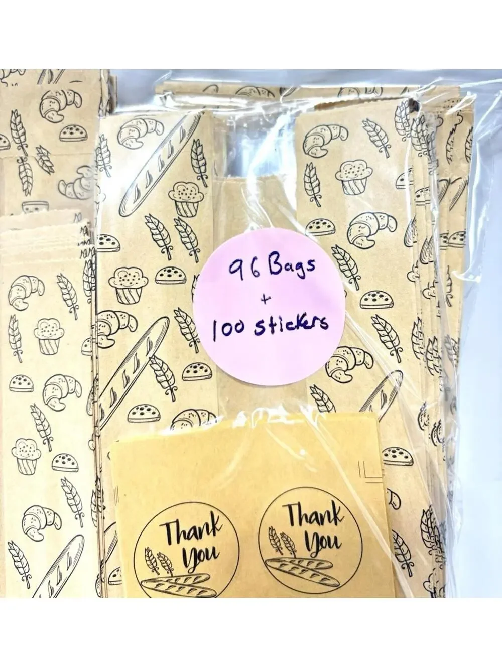 Bakery Bags Baguette Bread Design Clear Window 96pcs with 100 Thank You Stickers